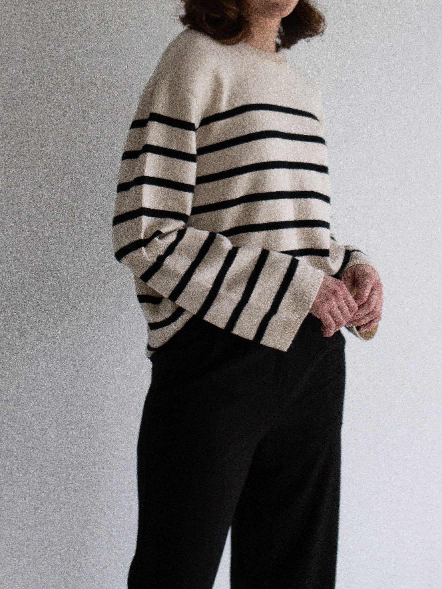 Drop Shoulder Striped Sweater in Ivory