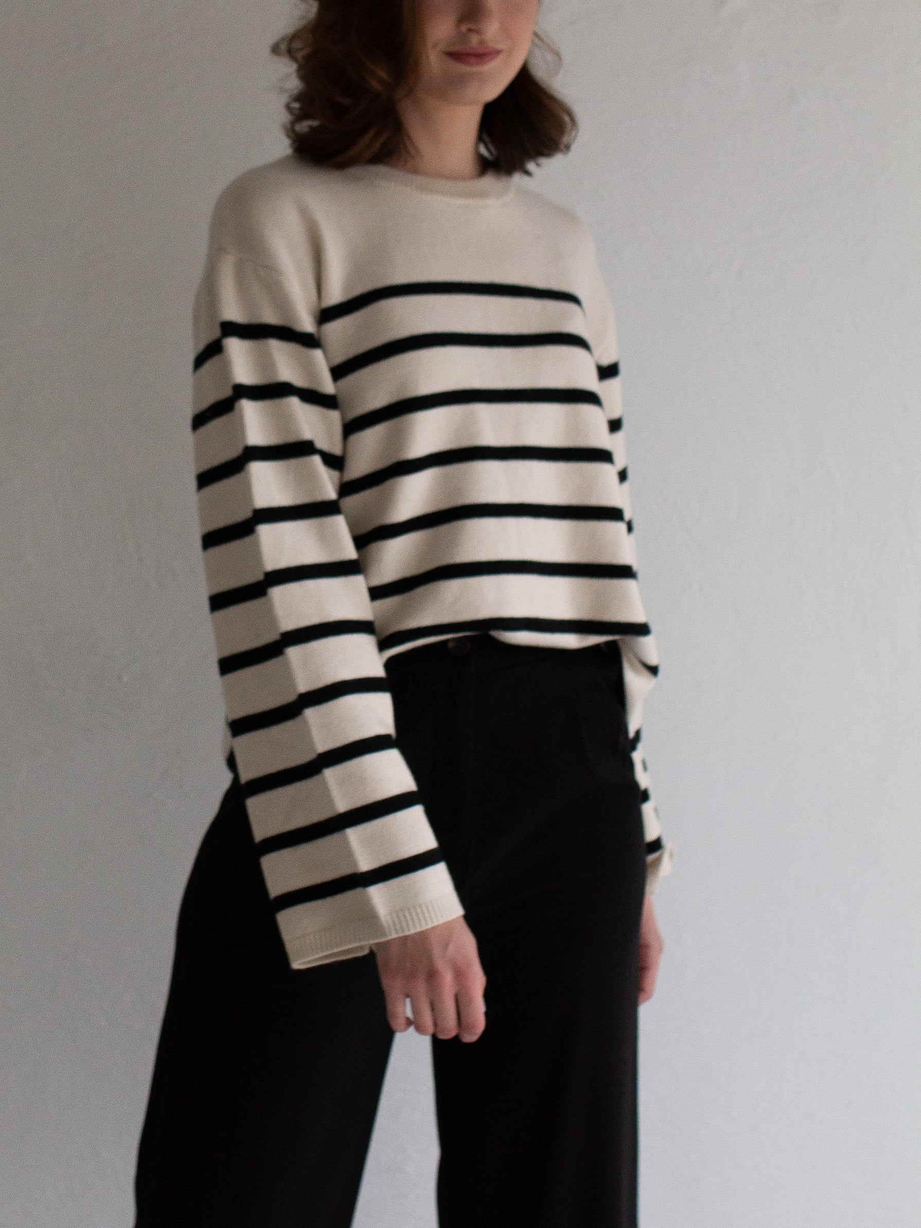 Drop Shoulder Striped Sweater in Ivory