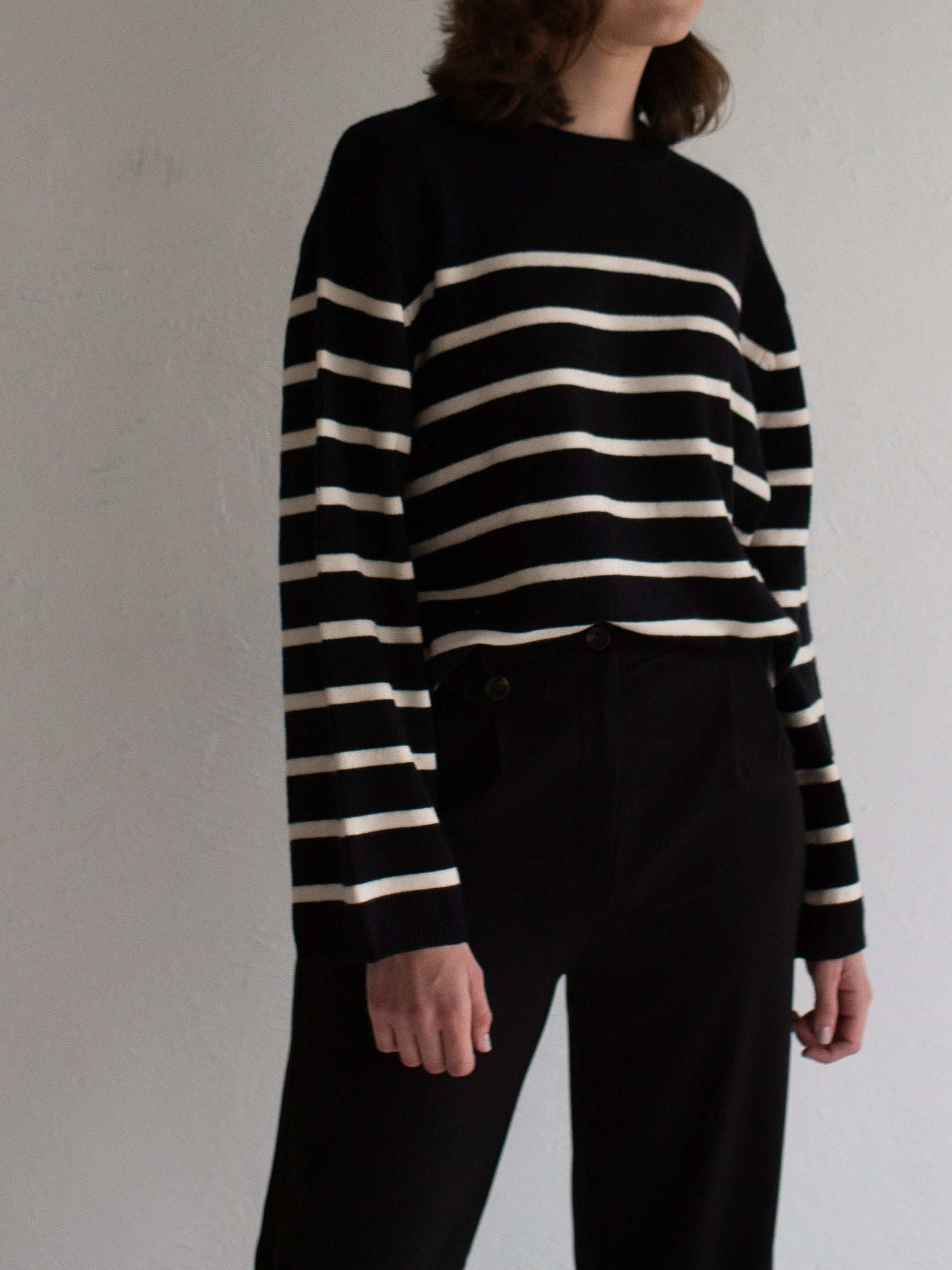 Drop Shoulder Striped Sweater in Black