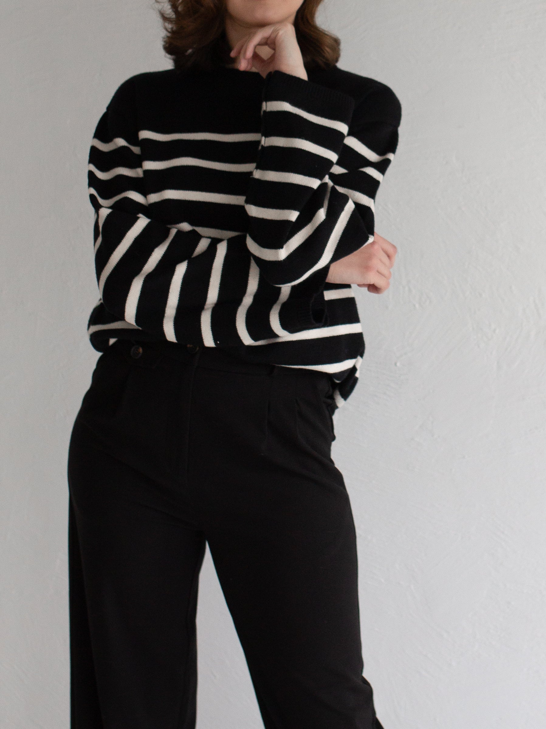 Drop Shoulder Striped Sweater in Black