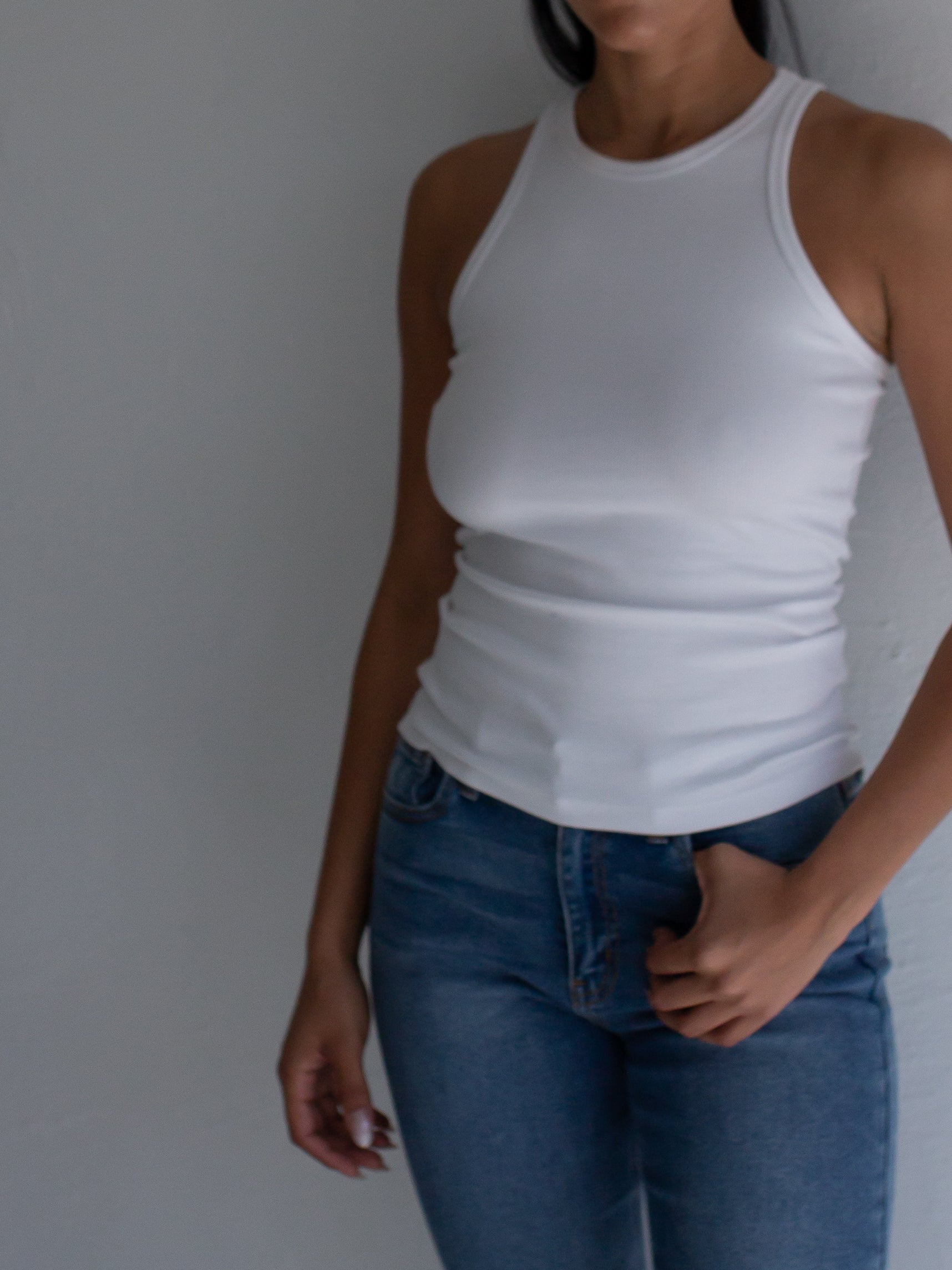 Ribbed High Neck Tank in White