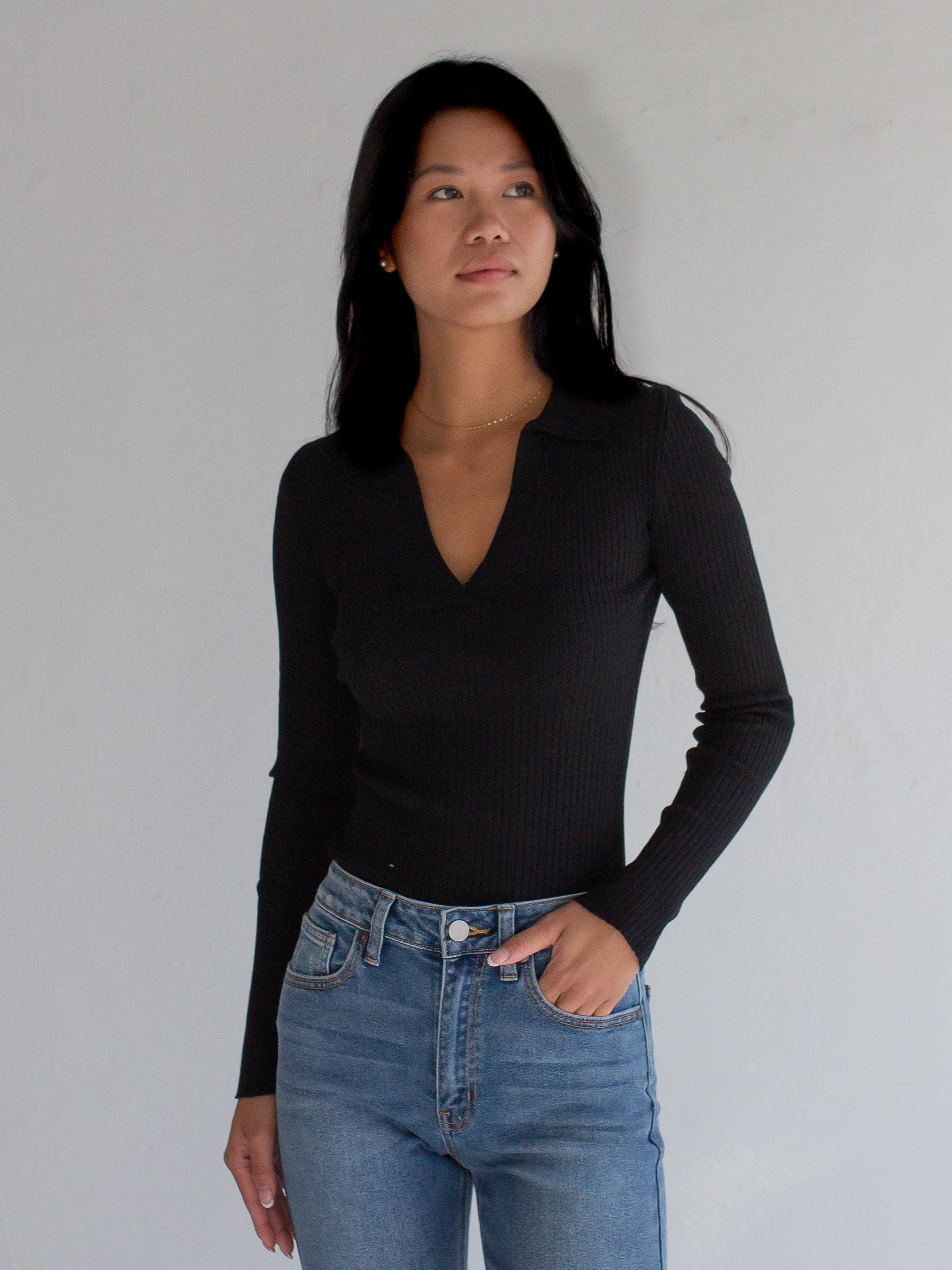 Ribbed Collared Long Sleeve in Black