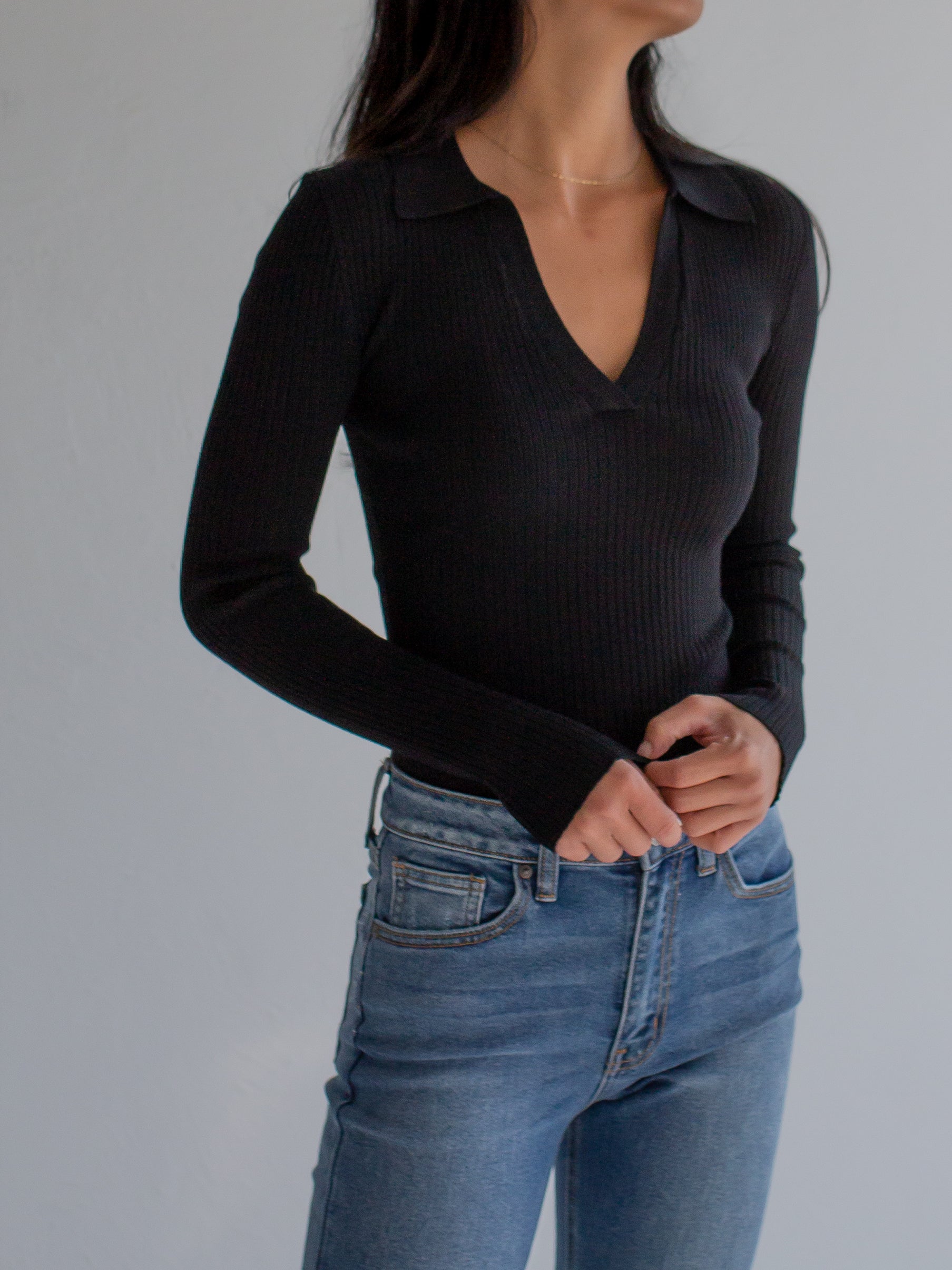 Ribbed Collared Long Sleeve in Black
