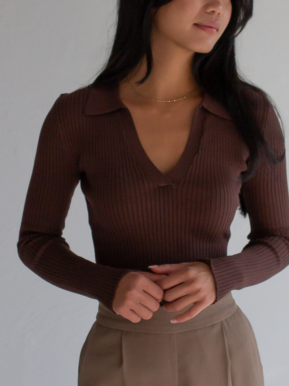 Ribbed Collared Long Sleeve in Brown