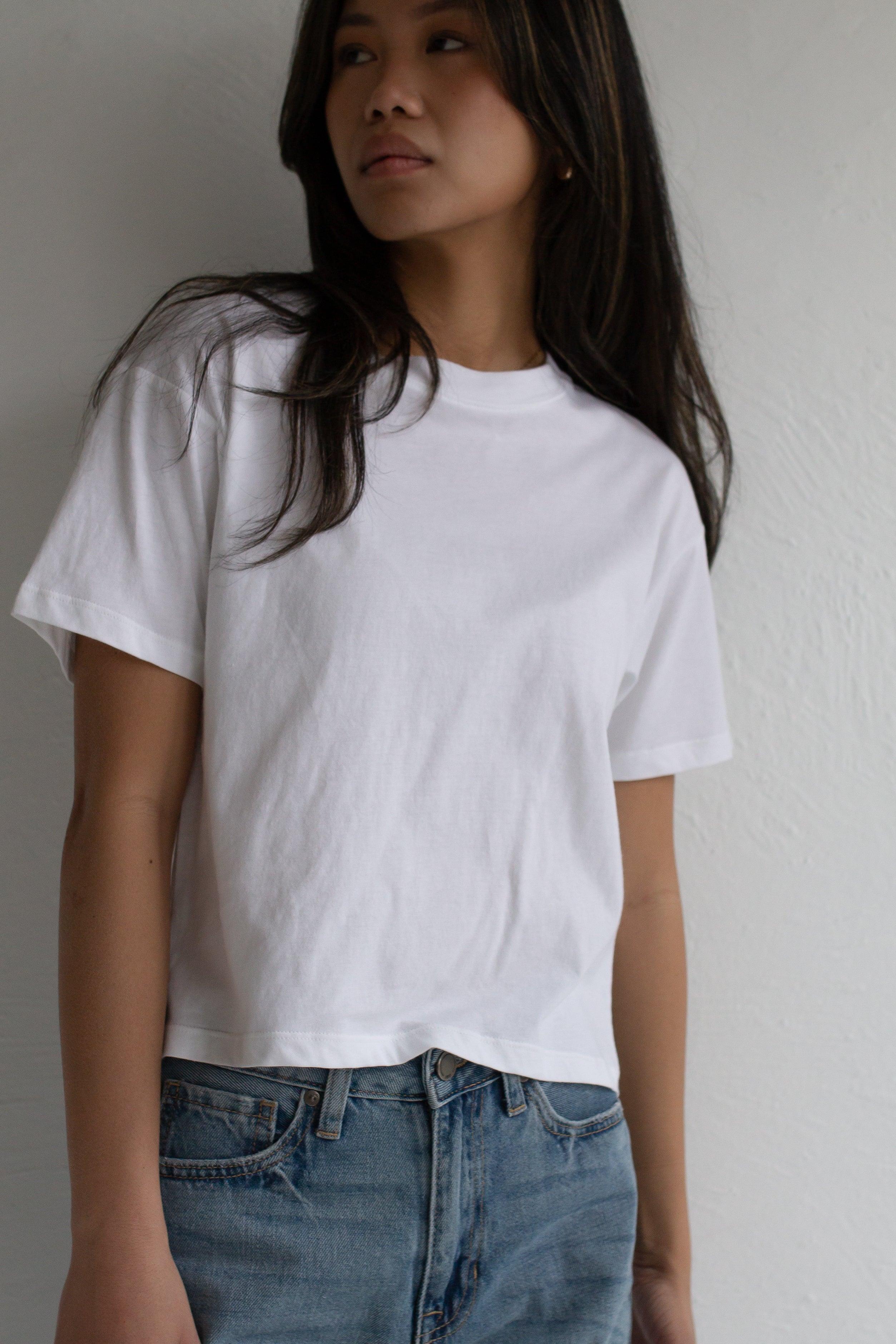 Cotton Crew Neck Cropped Tee in White