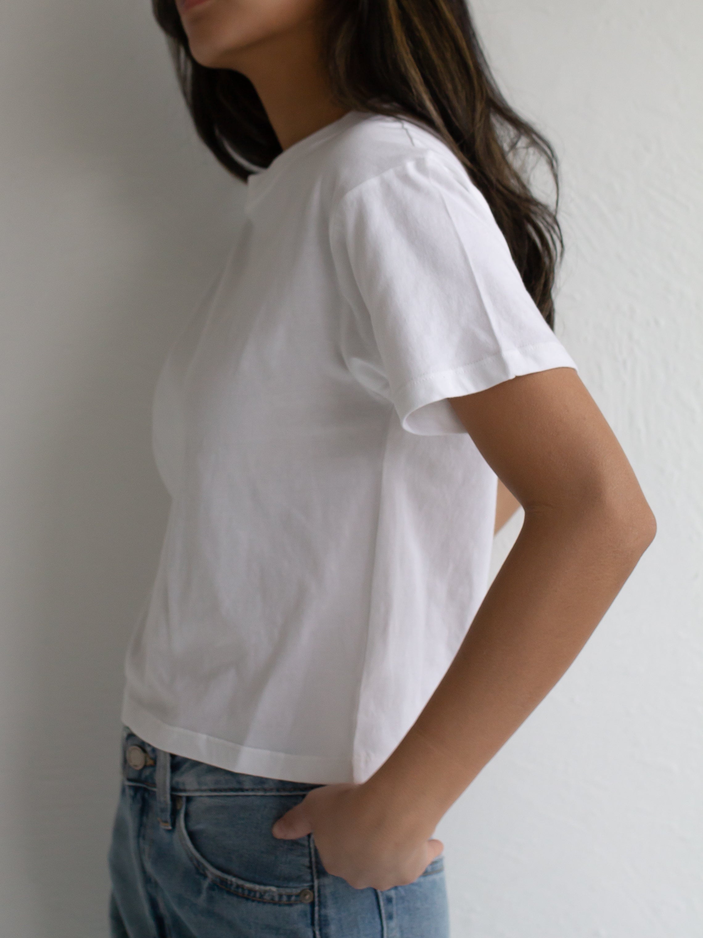 Cotton Crew Neck Cropped Tee in White