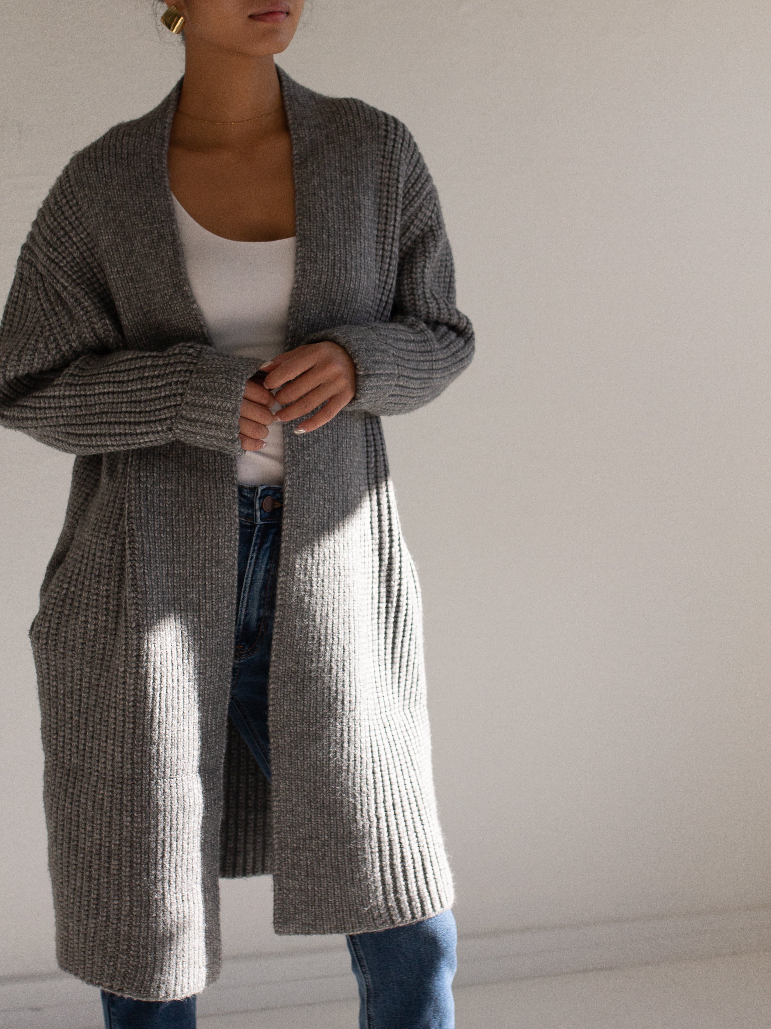 Longline Chunky Knit Cardigan in Gray