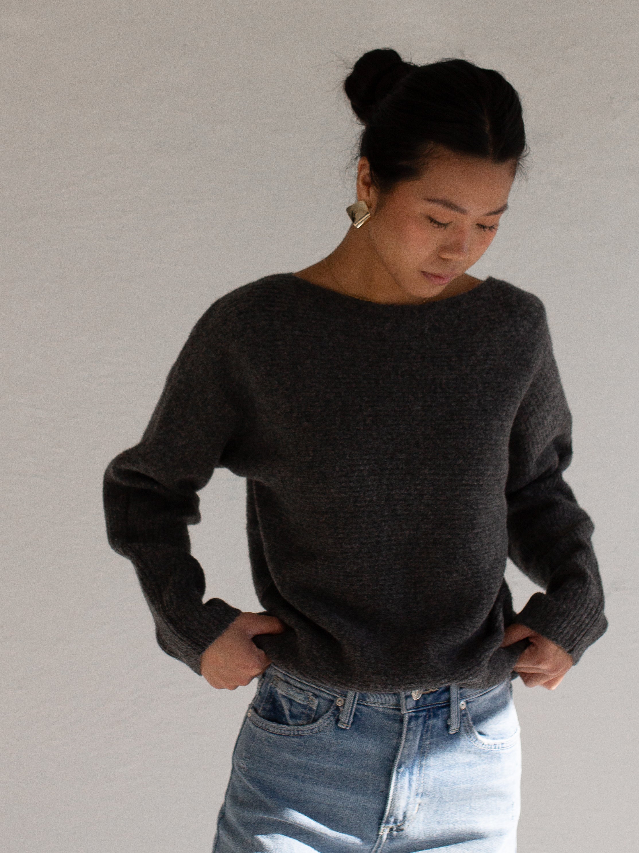 Fuzzy Boatneck Ribbed Sweater in Charcoal